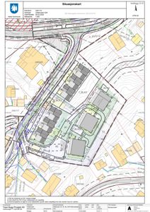 Situasjonskart som viser tomtens beliggenhet, nabolag, veioppsett og bygningsplasseringer.