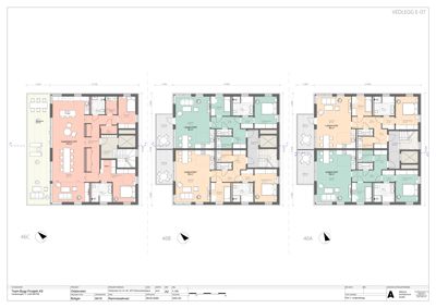 Plantegning som viser romfordeling og arealer for tre ulike leiligheter (46A, 46B, 46C) i et fleretasjes bygg.