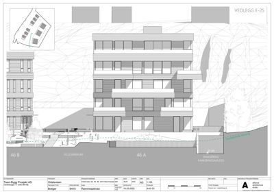 Fasadetegning som viser bygningens utside, vinduer, balkonger og terrengforhold.