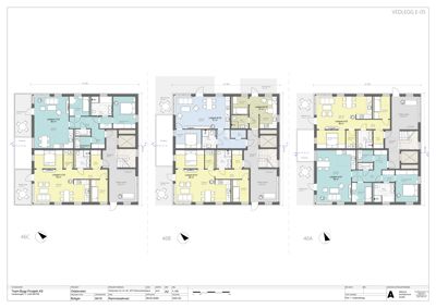 Etasjeplaner (VEDLEGG E-05) som viser romfordeling og arealer for tre ulike leiligheter (46A, 46B, 46C) i et prosjekt.
