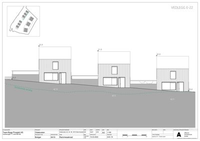 Fasadetegning (opprikk) som viser bygningenes utseende sett fra siden, inkludert høyder og terrengforhold.
