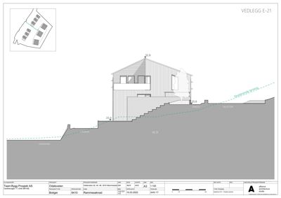 Snittegning som viser bygningens tverrsnitt, høyder og relasjon til terreng.