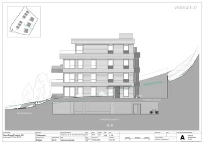 Fasadetegning som viser bygningens utside, inkludert etasjer, vinduer, fasadematerialer og terrengforhold.