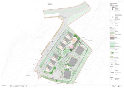 Situasjonsplan som viser tomtens grenser, topografi, naboeiendommer og plassering av bygninger og anleggsområder.
