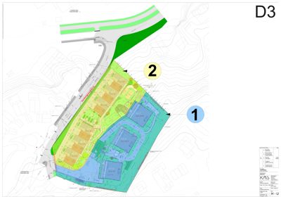Situasjonsplan som viser tomtens form, beliggenhet, tilstøtende veier og topografi (konturlinjer).