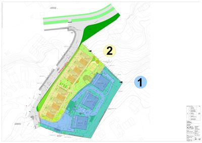 Situasjonsplan som viser tomtens form, beliggenhet i terrenget (konturlinjer), naboeiendommer, veiforbindelser og plassering av bygninger på tomten.