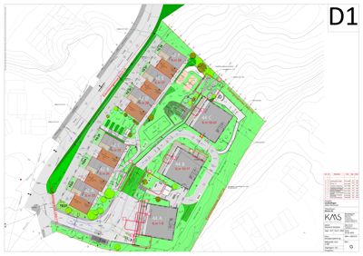 Situasjonsplan som viser tomtens form, bygningers plassering (42 A-F, 44 A-C), veier, grøntarealer og topografi.