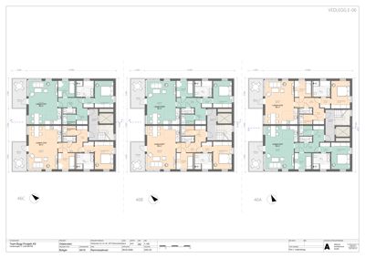 Plantegning som viser romfordeling og arealer for tre leiligheter (46A, 46B, 46C) i etasjen 'VEDLEGG E-06'.