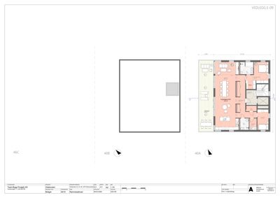 Etasjeplan (VEDLEGG E-09) som viser romfordeling, dimensjoner og plassering av vegg og dører for et hus.