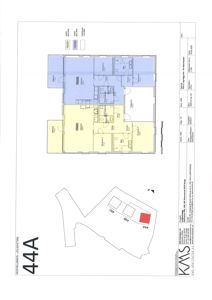 Etasjeplan for leilighet 44A i Vethelinden, som viser romfordeling, arealer og tekniske detaljer.