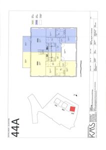Etasjeplan for leilighet 44A med romfordeling, situasjonsplan og tegningsdata.