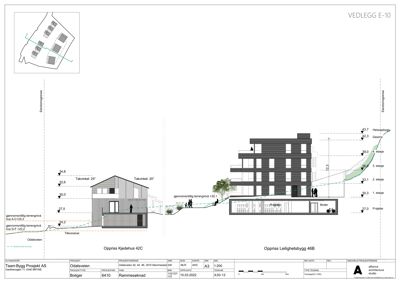 Snittegning som viser bygningens høyde, terrengforhold og relasjon til omgivelsene.