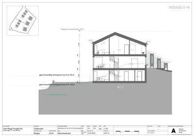 Snittegning som viser bygningens tverrsnitt, høyder og forhold til terrenget.