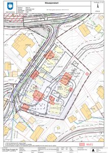 Situasjonskart som viser eiendomsforhold, bygningers plassering og tomtegrenser.