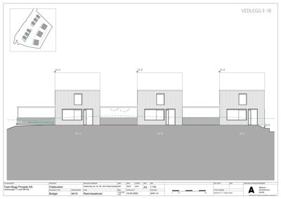 Fasadetegning som viser fronten av tre boliger (42 A, 42 B, 42 C) med høydemål og grunnplan.