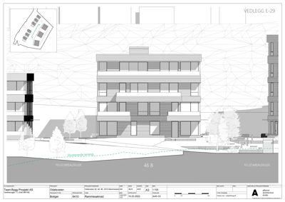 Fasadetegning som viser bygningens utseende fra fronten, inkludert vinduer, balkonger og fasadepaneler.