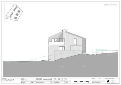 Snittegning som viser bygningens tverrsnitt, høyder, terrengforhold og fasadeoppsett.