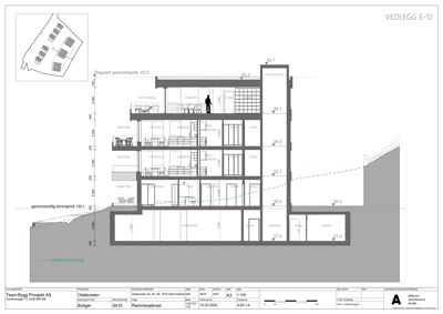 Snittegning som viser bygningens tverrsnitt, høyder og forhold til terreng.