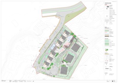 Situasjonsplan som viser tomtens grenser, bygningers plassering, veier, terrengforhold og beplantning.