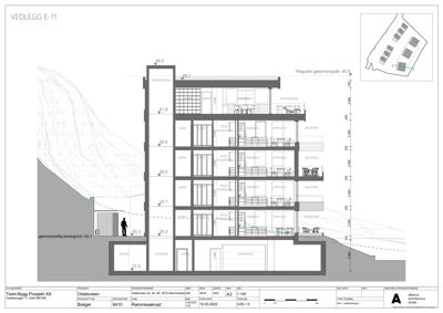Snittegning som viser bygningens tverrsnitt, høyder, romfordeling og forhold til terreng.