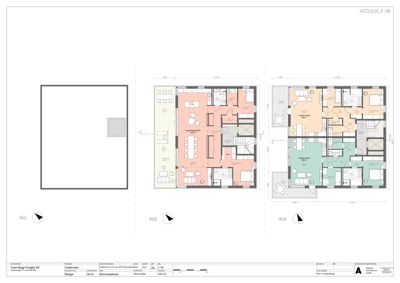 Etasjeplaner (VEDLEGG E-08) som viser romfordeling og dimensjoner for tre ulike leiligheter (46A, 46B, 46C) i et fleretasjes bygg.