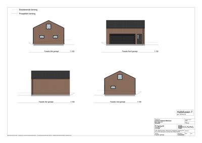 Fasadetegning som viser oppriss av en garasje sett fra fire ulike sider (Øst, Nord, Sør og Vest).