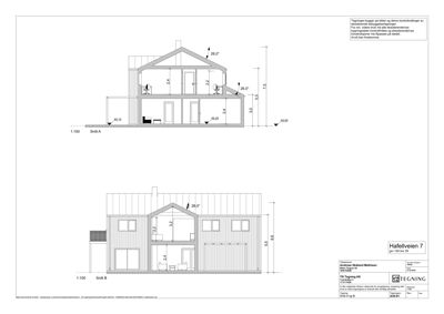 Bildet viser to snittegninger (Snitt A og Snitt B) av en bygning, som viser romfordeling, høyder og konstruksjonsdetaljer.