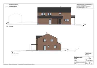 Fasadetegning som viser bygningens utseende fra to sider (Sør og Øst) med høydemål og terrengforhold.