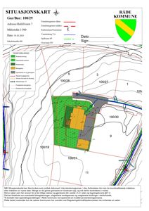 Situasjonskart som viser eiendomsnummer, adresse, topografi, eiendomsgrenser og infrastruktur.