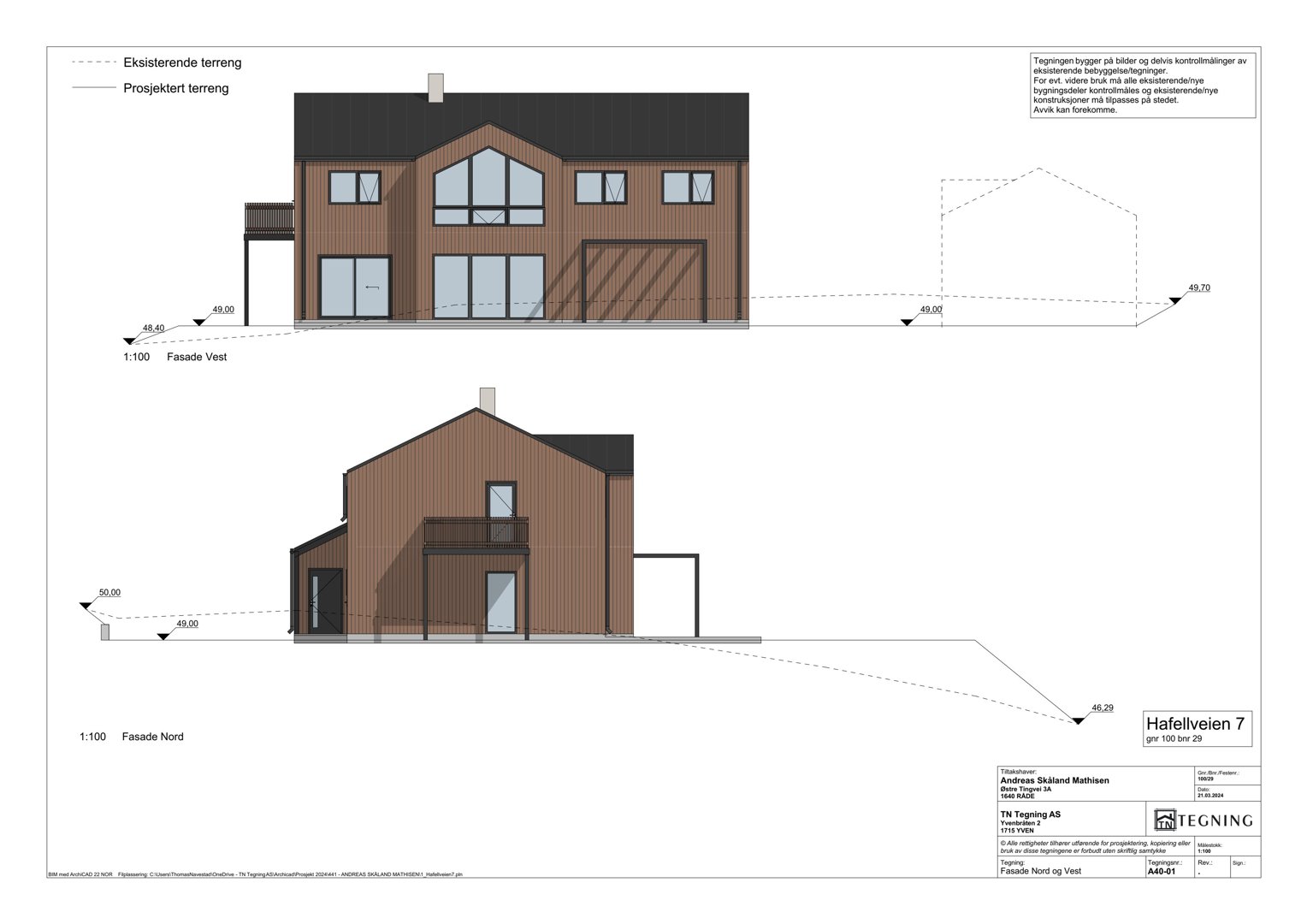 Fasadetegning som viser bygningens utseende fra vest og nord, inkludert høydeangivelser og terrengforhold.