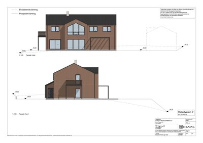 Fasadetegning som viser bygningens utseende fra vest og nord, inkludert høydeangivelser og terrengforhold.