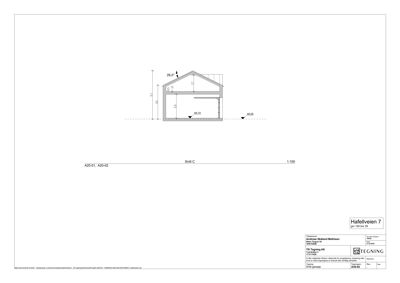 Snittegning (Snitt C) som viser tverrsnittet av en bygning med angitte høyder og takform.