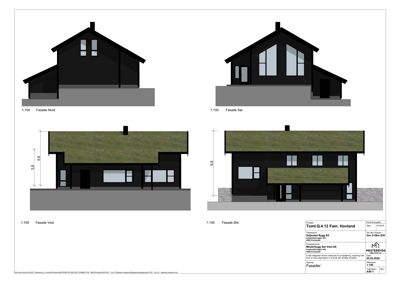 Fasadetegning som viser bygningens utsyn fra fire sider (Nord, Sør, Vest, Øst) med mål og detaljer.