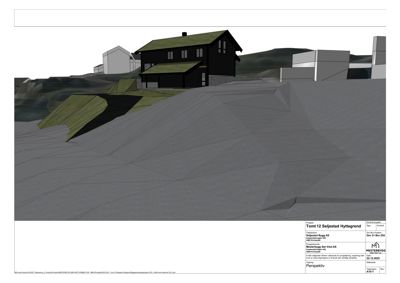 3D-visualisering (perspektiv) av en hytte i et terreng, inkludert naboløs og omgivende terreng.