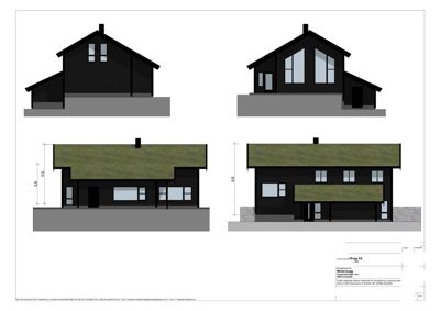 Fasadetegning som viser bygningens utsyn fra fire sider (Nord, Sør, Vest, Øst) med mål og detaljer.