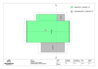 Takplan som viser romfordeling og arealoppdeling for en hytte (BYA) og uthus/bod (BYA).
