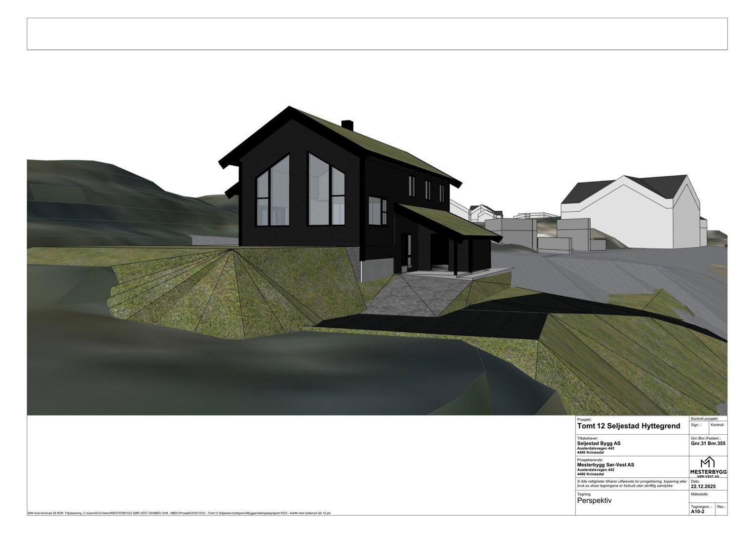 3D-visualisering (rendering) av en hytte i et skrått terreng, med omgivende hus og topografi.