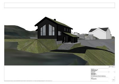 3D-visualisering (rendering) av en hytte i et skrått terreng, med omgivende hus og topografi.