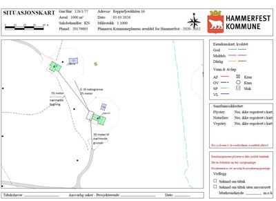 Situasjonskart som viser eiendomsareal, nabogrenser og infrastruktur for Repparfjorddalen 16.