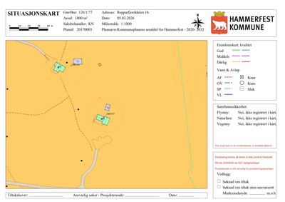 Situasjonskart som viser eiendomsforhold, vann- og avløpsanlegg samt samfunnssikkerhet for adressen Repparfjorddalen 16.