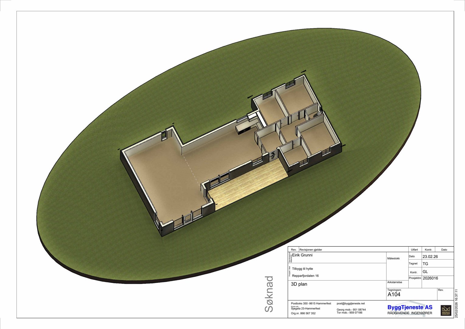 3D-visualisering (rendering) av etasjeplanen for en hytte, vist på en situasjonsplan.