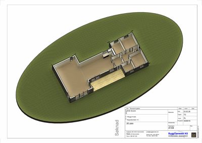 3D-visualisering (rendering) av etasjeplanen for en hytte, vist på en situasjonsplan.