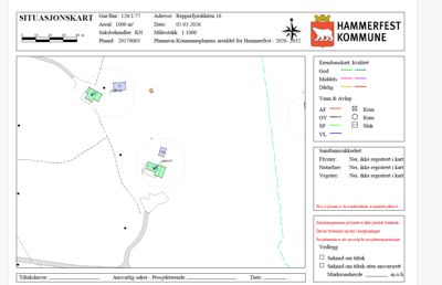 Situasjonskart som viser eiendomsgrunn, vann- og avløpsanlegg samt samfunnssikkerhet for eiendommen Repparfjorddalen 16.