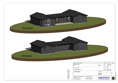 Bildet viser to 3D-visualiseringer (renderinger) av fasaden på en planlagt hytte, sett fra ulike vinkler.
