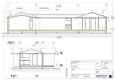 Snittegning som viser tverrsnitt gjennom en bygning, inkludert takform, innvendig romfordeling og grunnkonstruksjon.