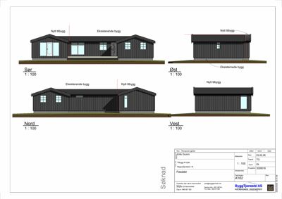 Fasadetegning som viser bygningens utseende fra fire sider (Sør, Øst, Nord, Vest) med skille mellom eksisterende og nytt tilbygg.