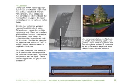 Fotografier som illustrerer detaljer i et skisseprosjekt for opprusting av Hovudplassen, inkludert lysmastere, benker og en svart steinmur.