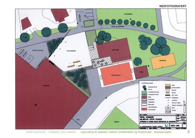 Situasjonsplan som viser plassering av bygninger (Idrettshall, Klubbhuset, Sandbane) og anlegg (Gang- og sykkelveg, Park) på Jotun Stadion.