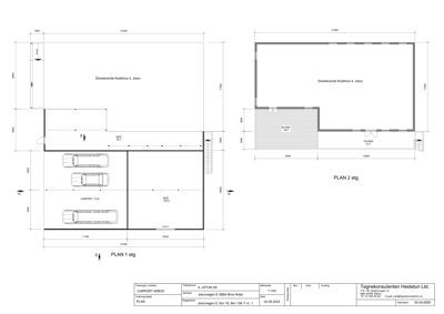 Plantegning som viser romfordeling og dimensjoner for første etasje (PLAN 1 etg) og andre etasje (PLAN 2 etg) av et bygg.