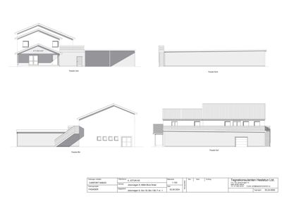Bildet viser en tegning med oppriss av fasader (vest, nord, øst, syd) for en bygning.